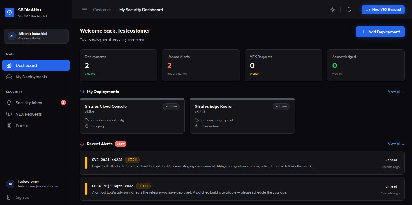 Customer Portal — SBOMAtlas portal screenshot