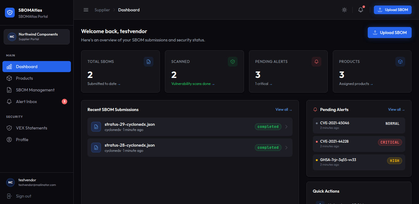 Vendor Portal — SBOMAtlas portal screenshot