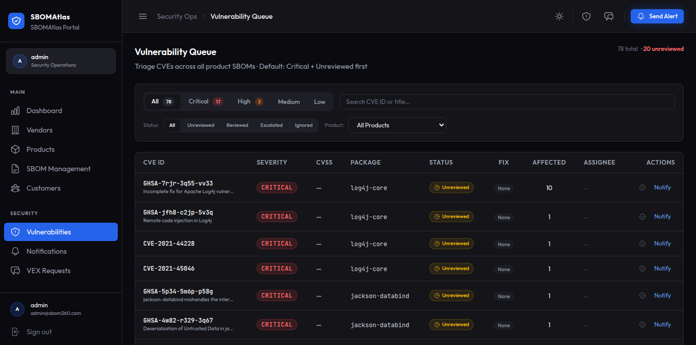 Vulnerability Management / Triage — SBOMAtlas portal screenshot